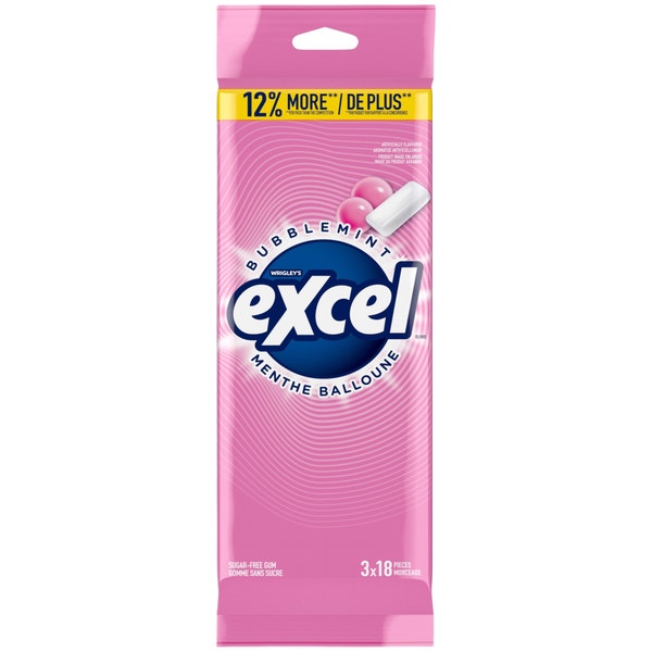 Gomme sans sucre Excel Menthe balloune, emb. multiple, 18 morceaux (paquet de 3)