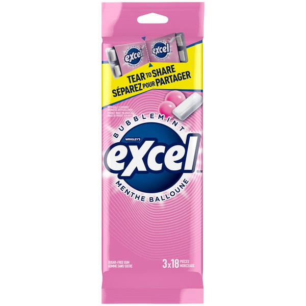 Gomme sans sucre Excel Menthe balloune, emb. multiple, 18 morceaux (paquet de 3)