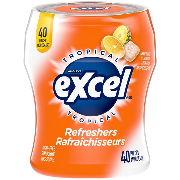 Gomme sans sucre Rafraîchisseurs EXCEL, saveur tropicale, bouteille, 40 morceaux