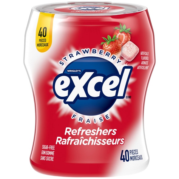 Gomme sans sucre Rafraîchisseurs EXCEL, saveur de fraise, bouteille, 40 morceaux