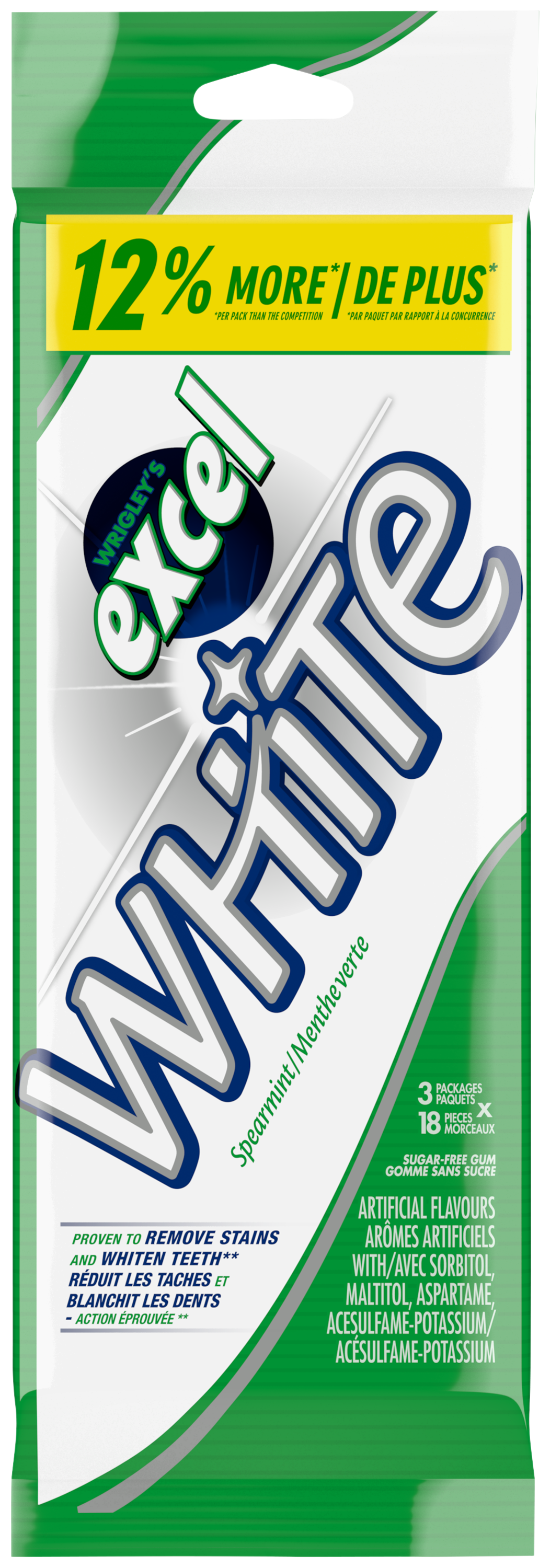 Excel White Spearmint Sugarfree Gum Multipack, 18 Pieces (Pack of 3